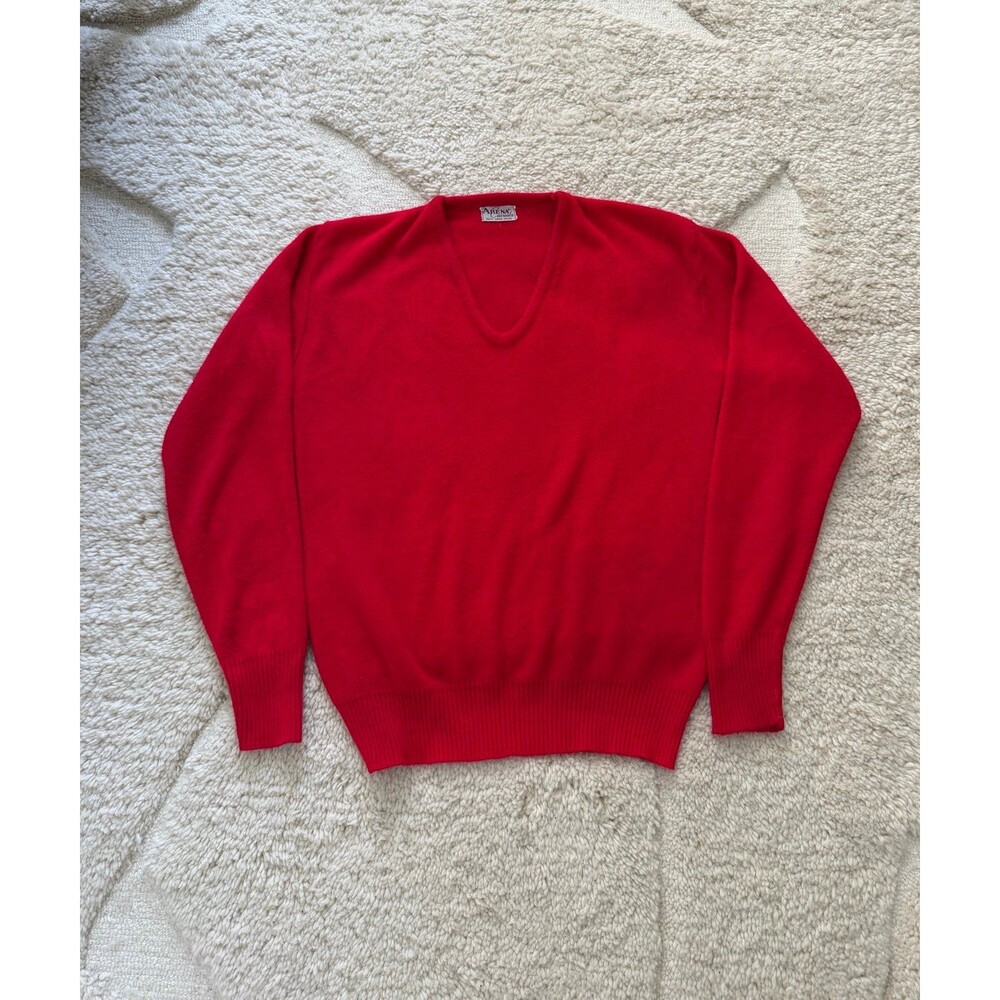 Vintage 60s 70s Arena Casuals Red V-Neck Sweater 100% Virgin Orlon Acrylic L